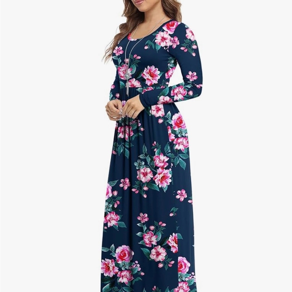 VIISHOW Navy Pink Floral Maxi Dress Size M Long Sleeve Pocket Dress Cottagecore